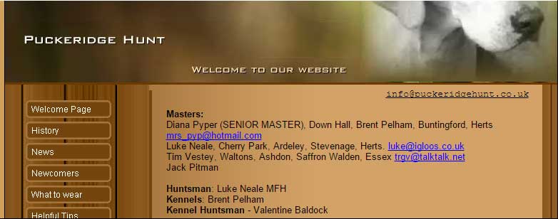 Screenshot of the Puckeridge Hunt webstie shows Valentine Baldock listed as a kennel huntsman.