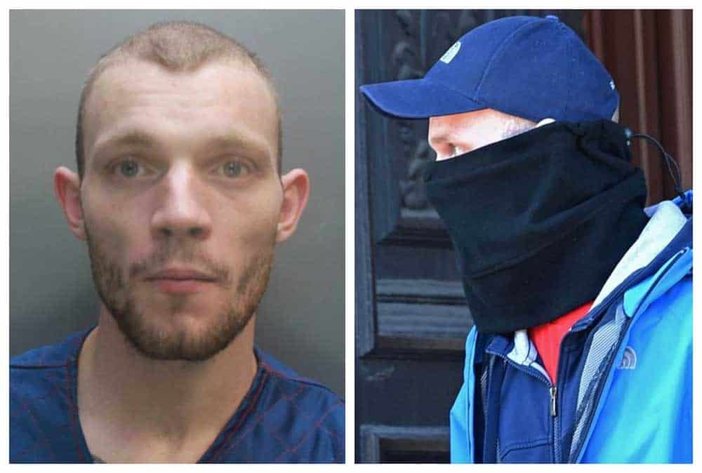 Police mugshot of evil dog killer Stefan McCormick from Birkenhead alongside a photo of him outside court