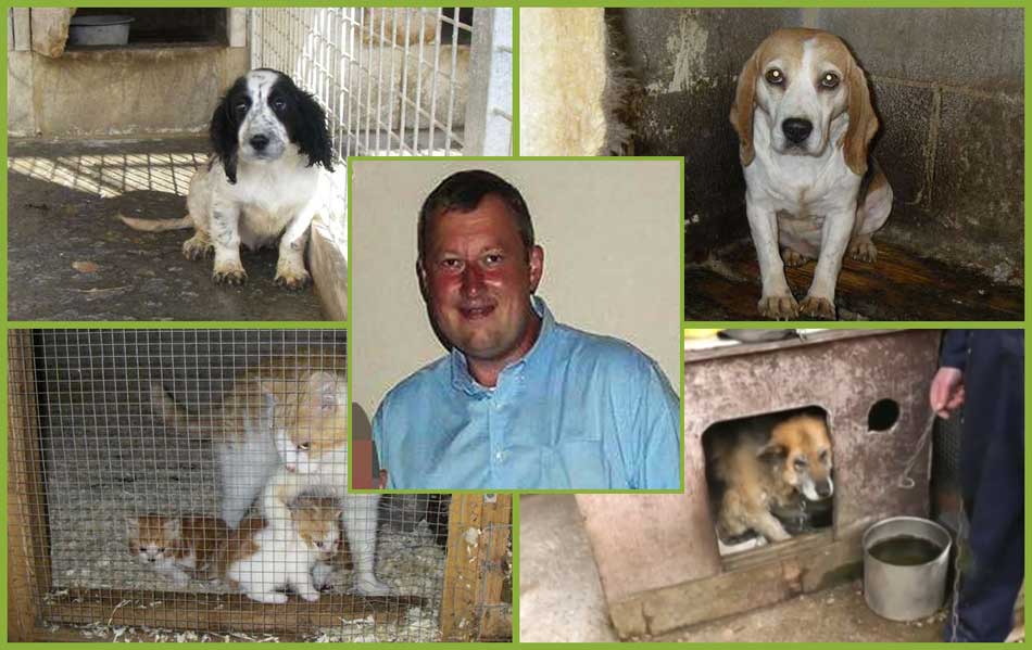 Puppy farmer Mark Burgess of Brenzett, Romney Marsh, Kent, UK, and some of the animals he allowed to suffer.